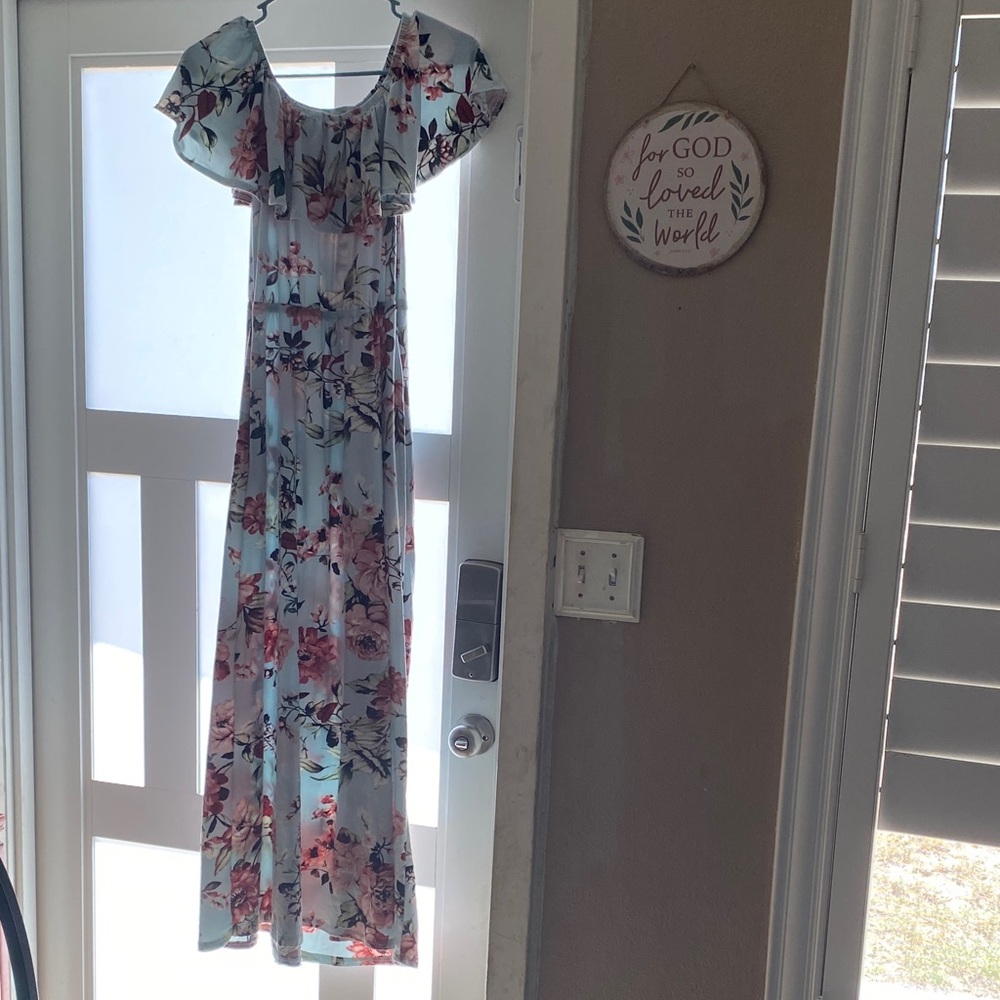 Floral Off-Shoulder Maxi Dress in Light Blue
